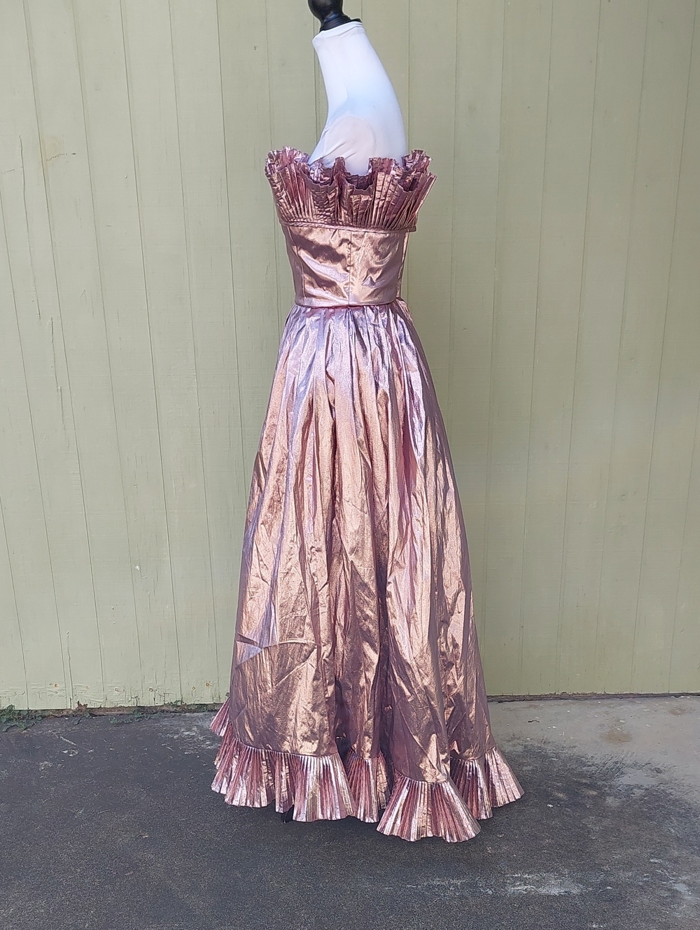 Vintage 1980s Victor Costa Metallic Pink Strapless Ruffle Gown Sz 4/6 - Picture 2 of 13